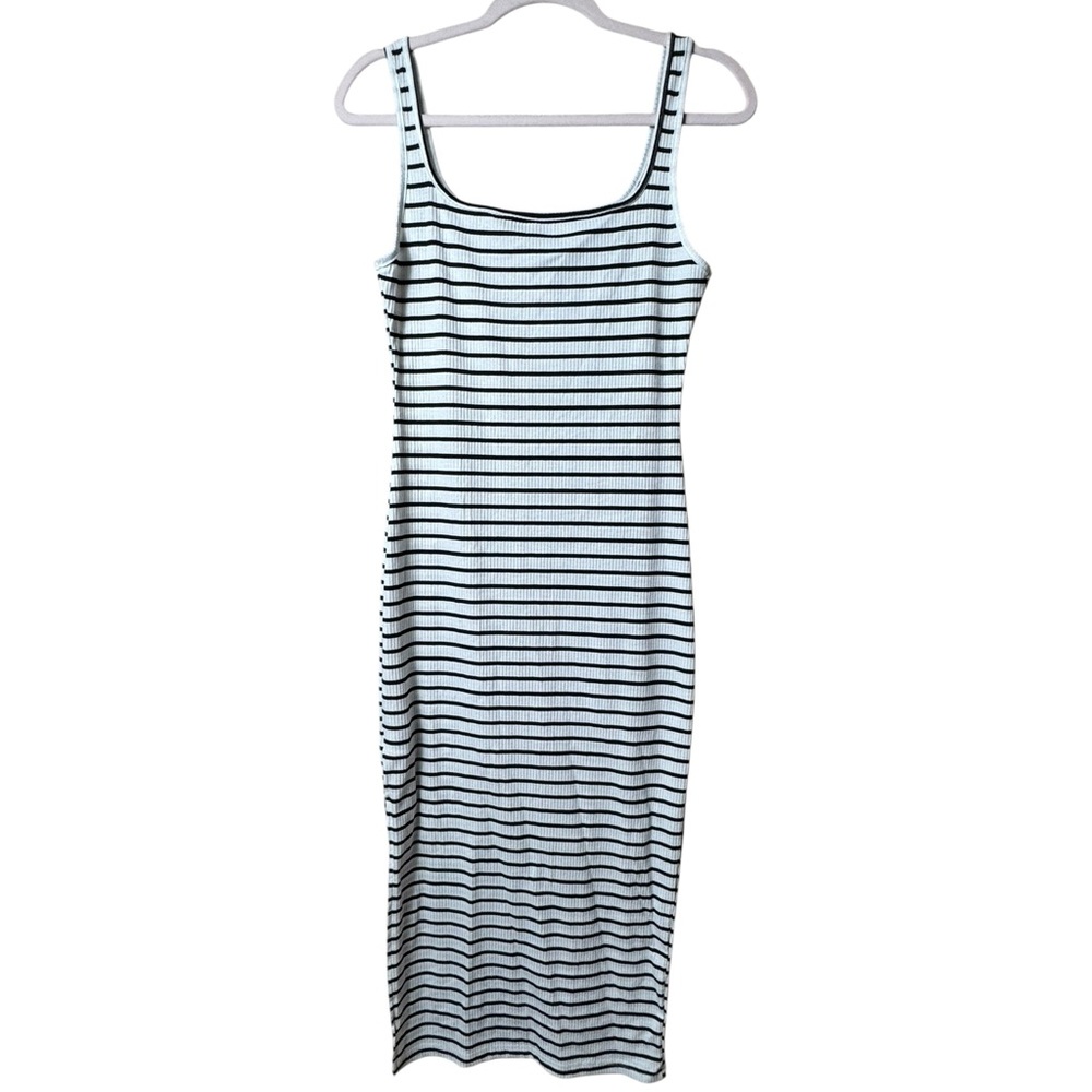 SHEIN Black & White Ribbed Striped Bodycon Midi‎ Dress - Size M